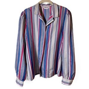 Vintage 80s Silky Striped Secretary Button Up Long Sleeve Blouse Top Shirt